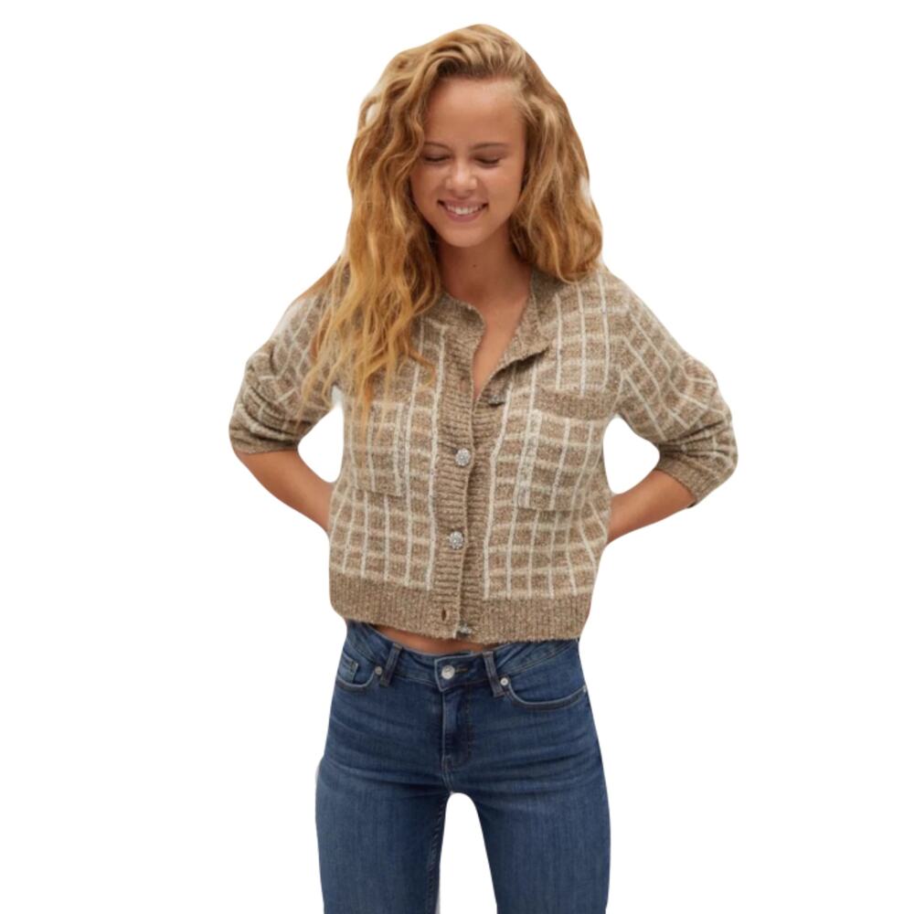 nwot MANGO Cardigan M Boucle Plaid Jeweled-Big-Flower-Button Pocket Long-Sl Wool